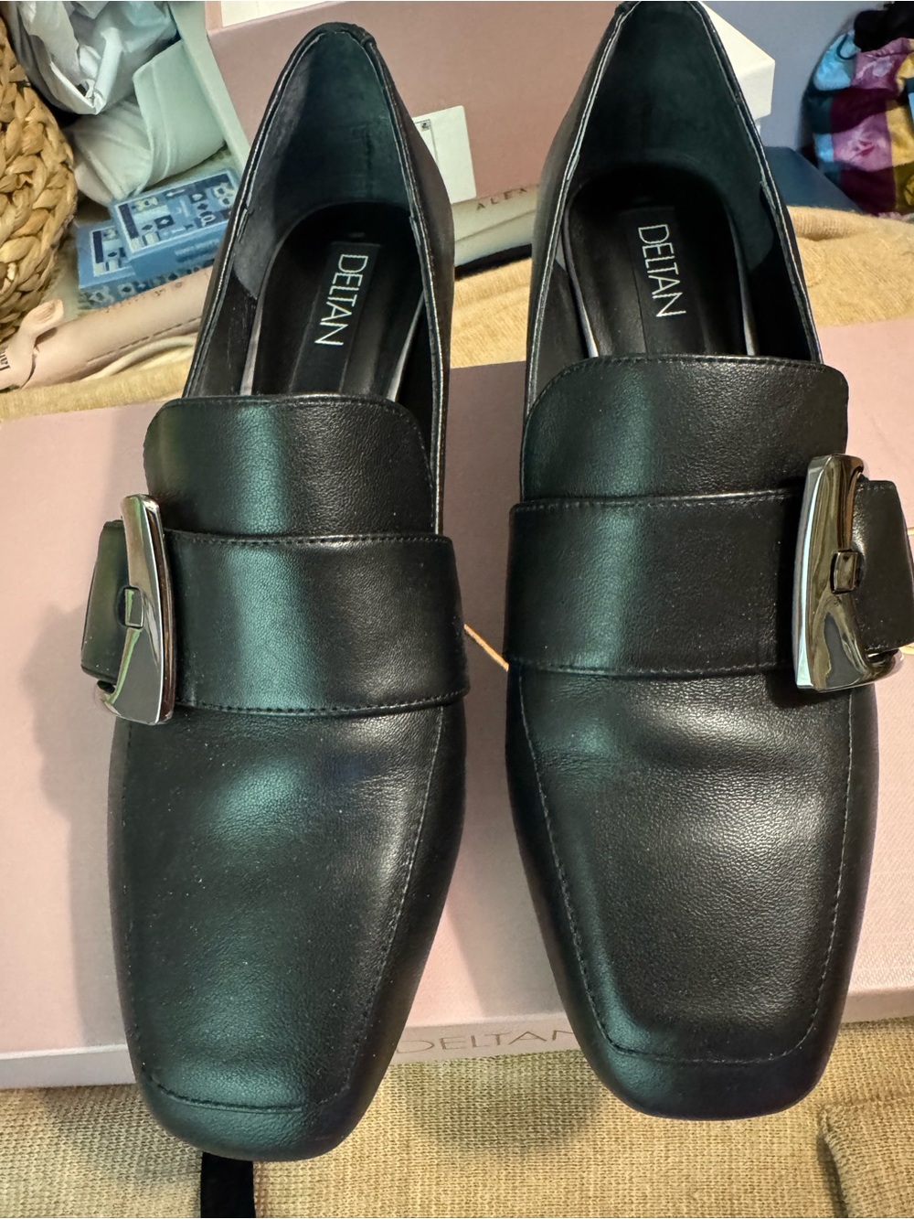 Deltan Black Leather Loafers with Polished Buckle